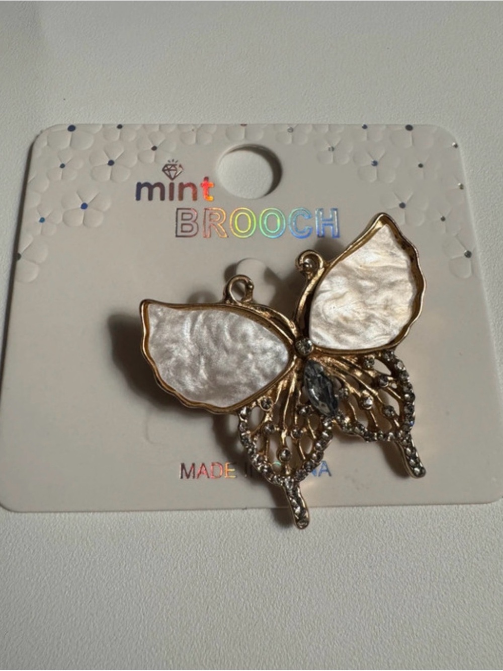 Mint Gold-Tone Butterfly Brooch with White Pearl Wings and Clear Crystals